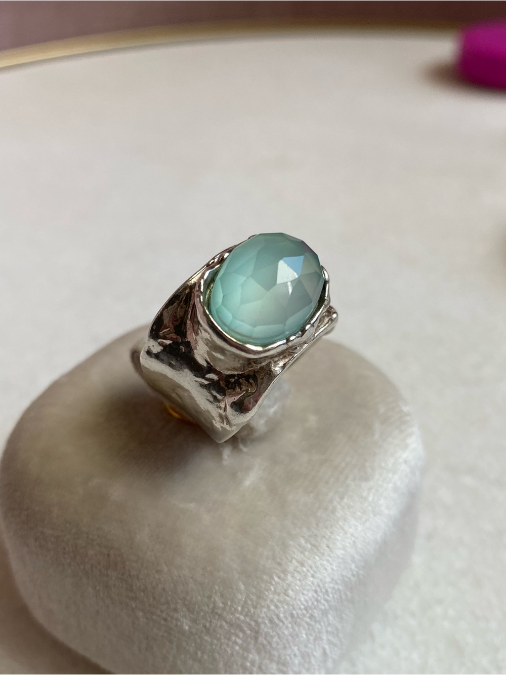 Sterling Silver Ring with Faceted Pale Aqua Chalcedony